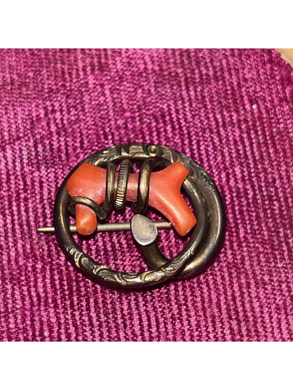 Antique Victorian era gold filled coral brooch